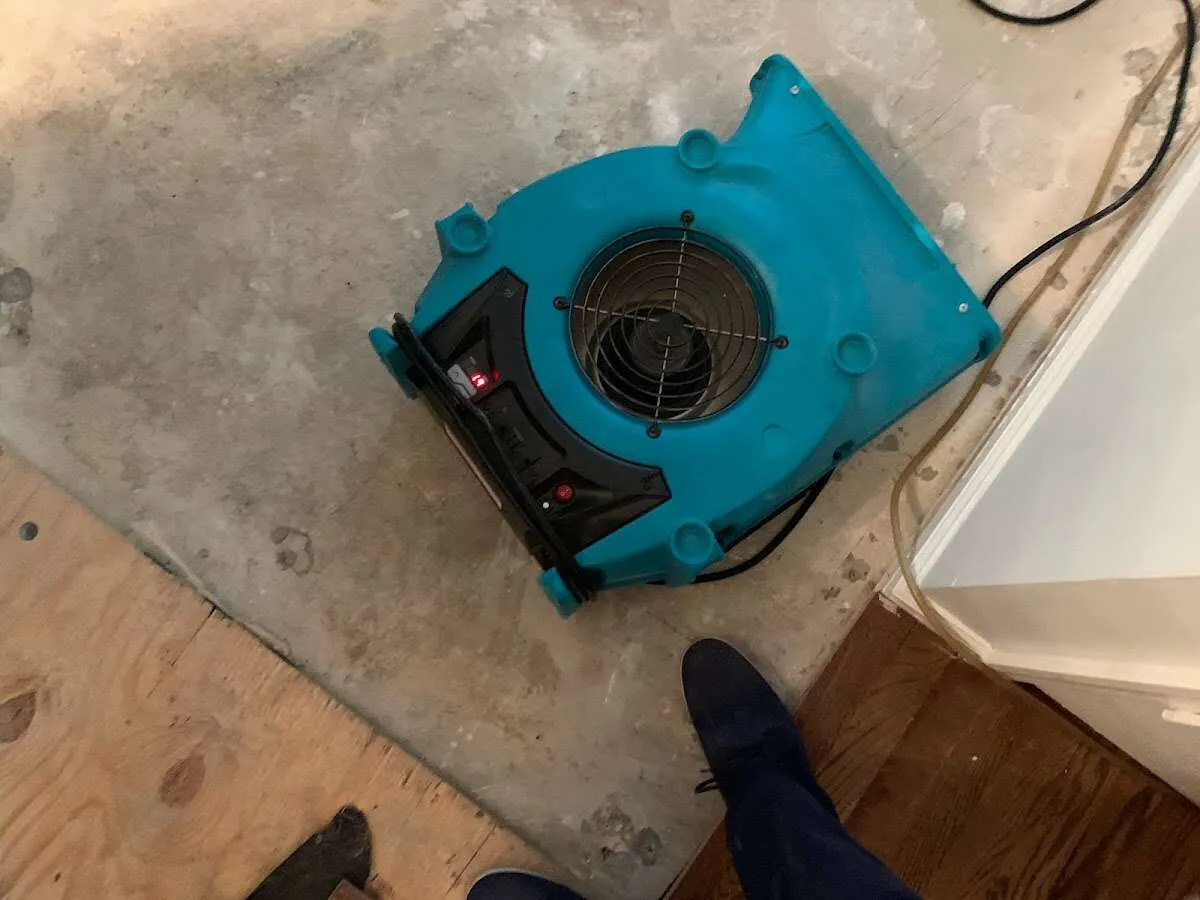 Air mover drying subfloor during Commercial Water Damage Restoration in Asbury Park